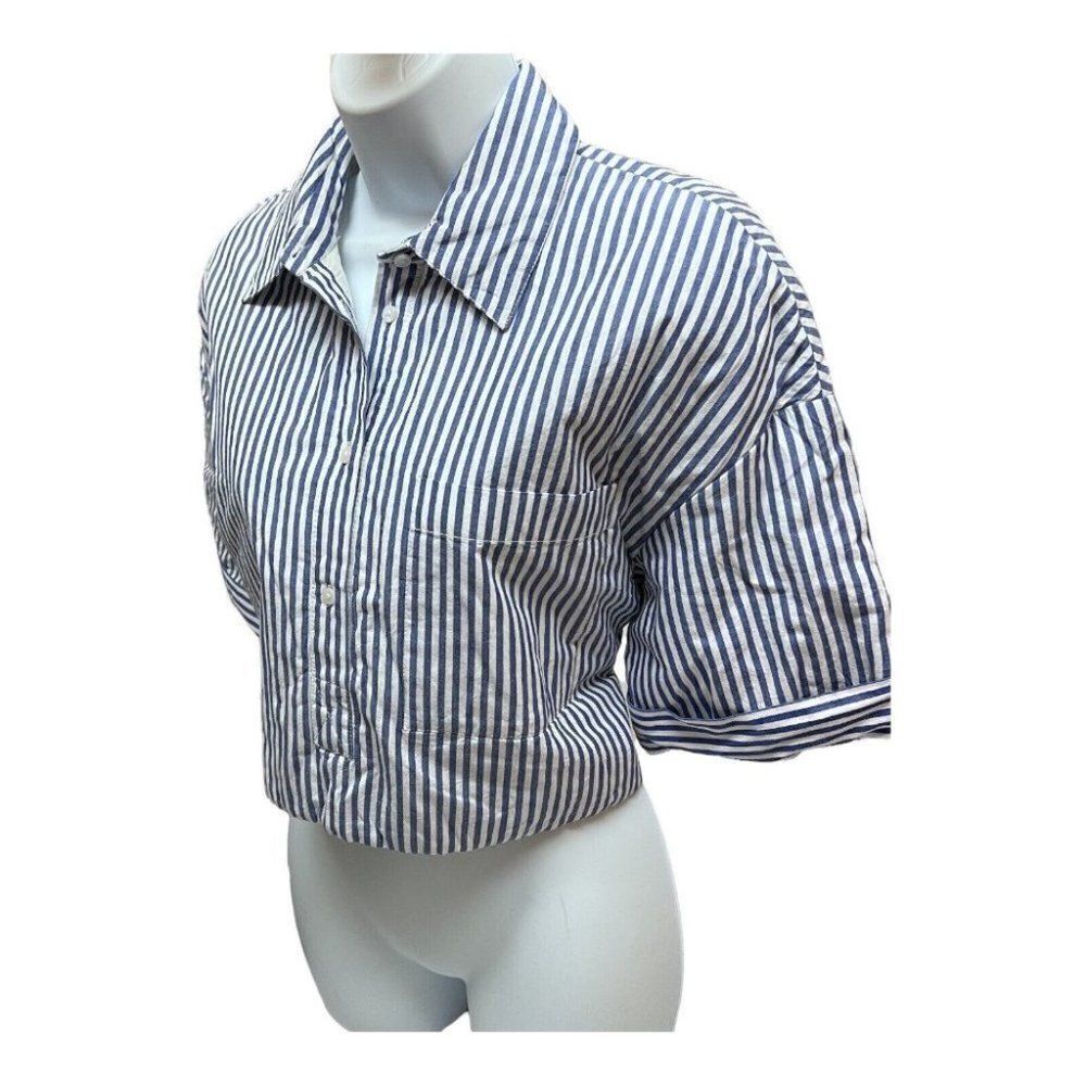 Zara Striped Quilted Shirt Button Down‎ Cropped White Collar Preppy